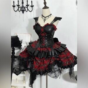 Devil Inspired Red Plaid Lace-up Detail Idol Lolita Jumper Skirt Punk Dress